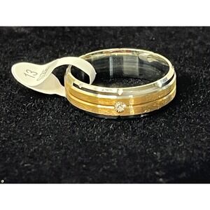 Tungsten Gold and Silver With Single Clear Stone Ring Wedding Band Men's 13
